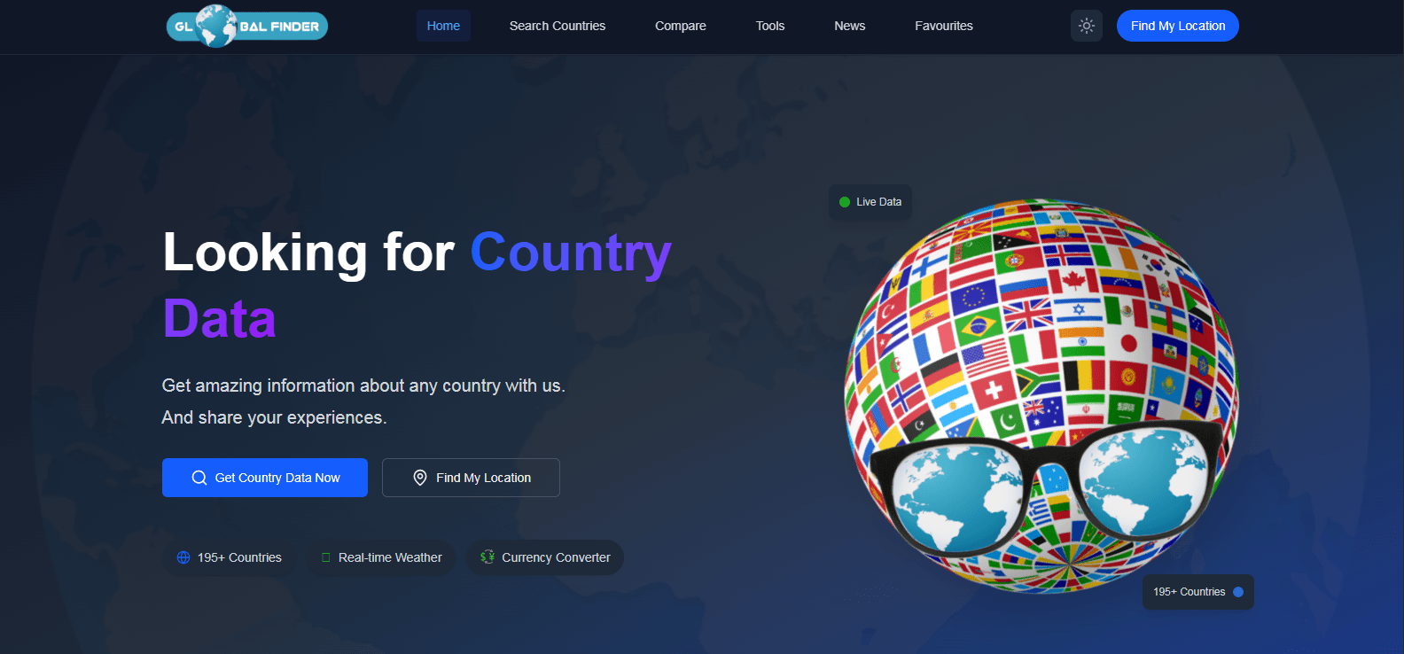 Global Finder search platform showing country and city discovery interface with filtering options and map integration