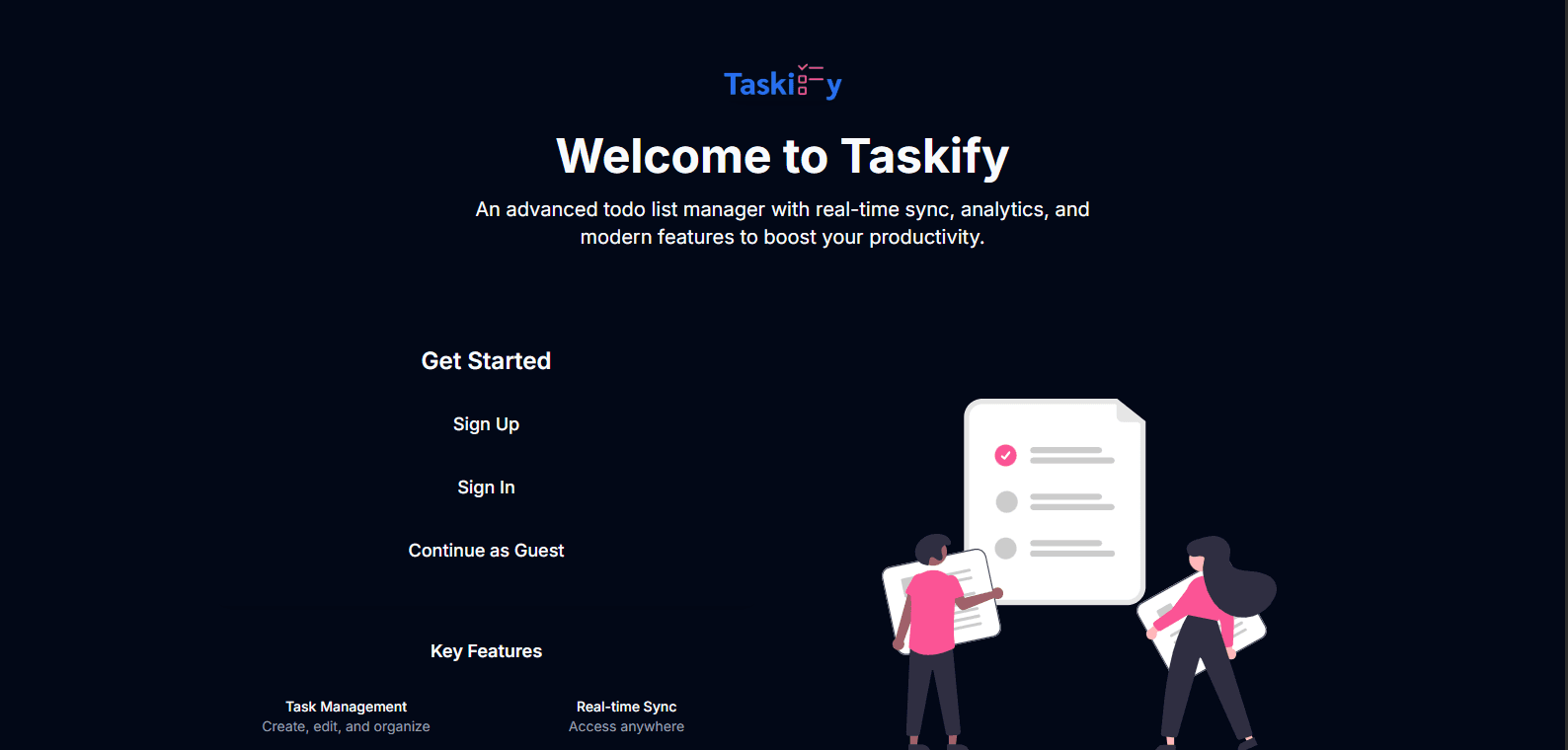 Taskify PWA task manager showing project board with drag-and-drop tasks, priority labels, and completion tracking