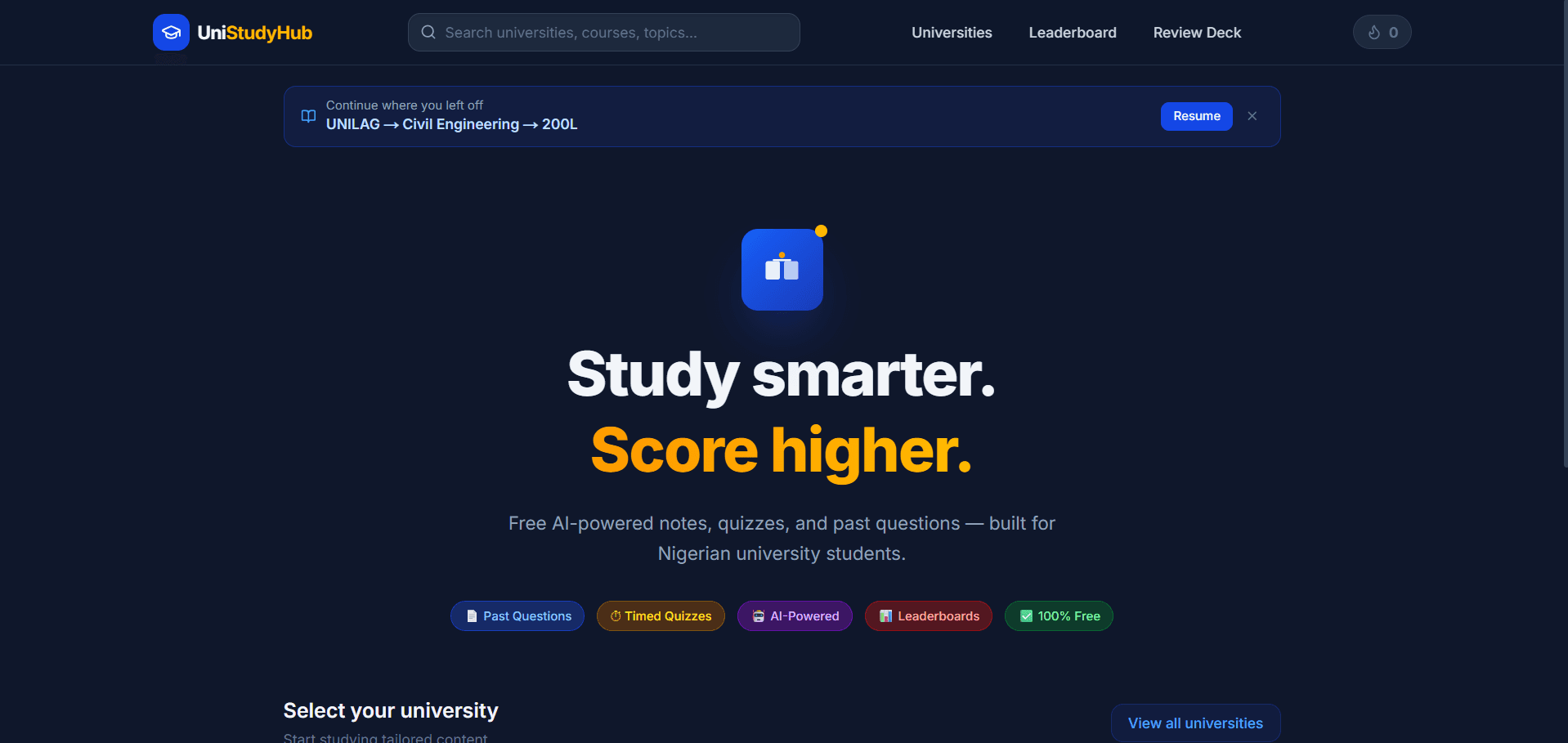 Screenshot of UniStudyHub — The Ultimate University Study & Assessment Platform